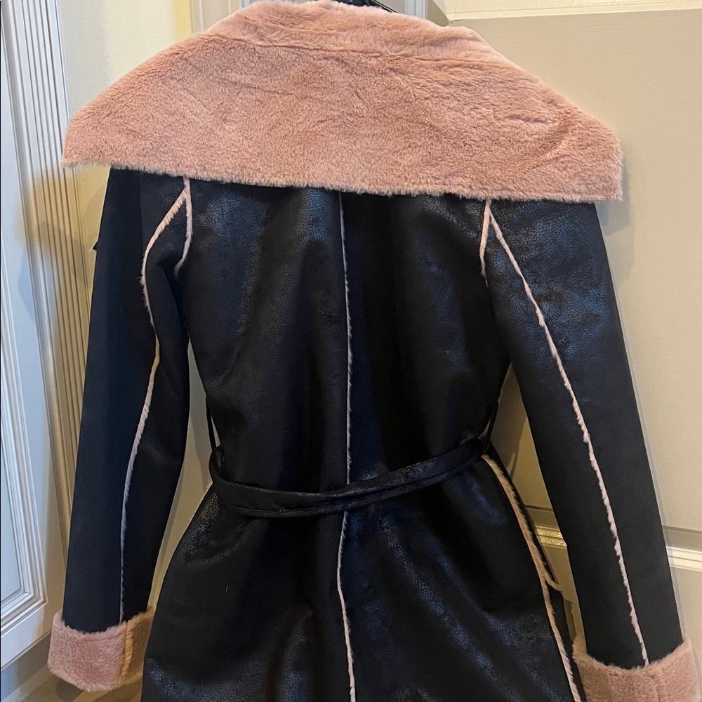 VENUS Black & Pink Faux Fur Lined Belted Coat - Picture 8 of 9